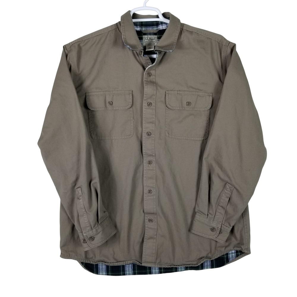 LL Bean Flannel Lined Shirt Mens L Regular Brown Plaid Lined Cotton Twill 298205